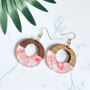 2/$30🌵 Bohemian Pink Cloud Resin Acrylic & Wood  Earrings Circle Boho Jewelry